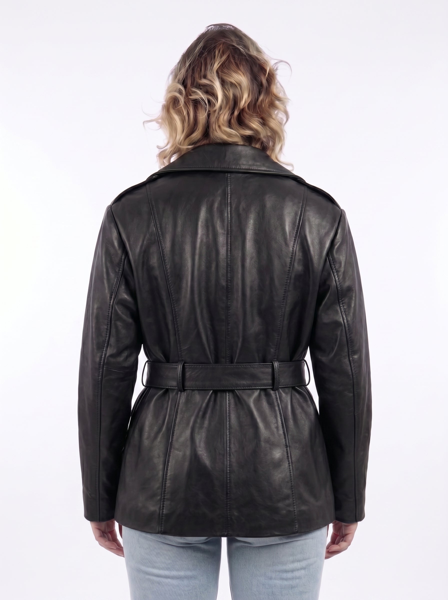 Giacca doppiopetto in pelle donna nera con cintura