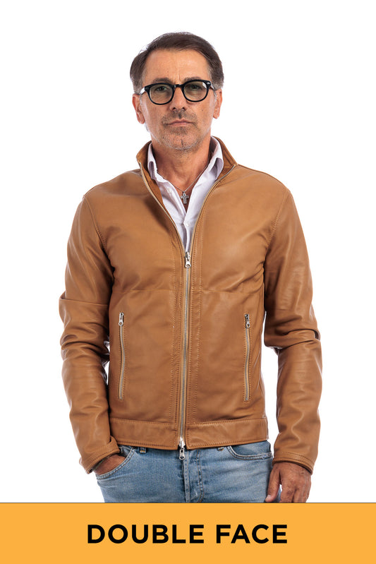 Giacca biker double face in pelle e camoscio uomo biscotto