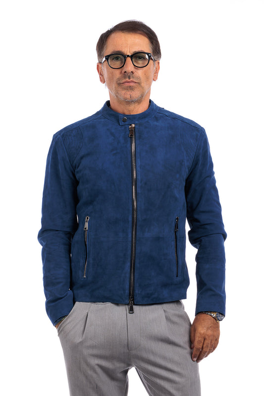 Giacca in camoscio di renna uomo con zip PP blu