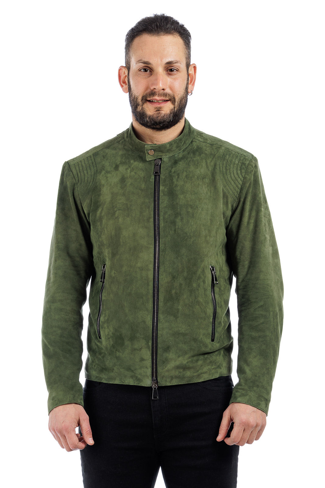 Giacca in camoscio di renna uomo con zip PP verde