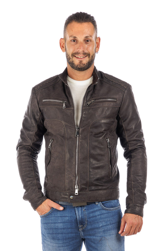 Giacca in pelle testa di moro vintage naturale con zip Triumph