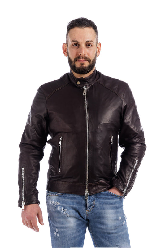 Giacca in pelle con zip PIT testa di moro con lana elasticizzata