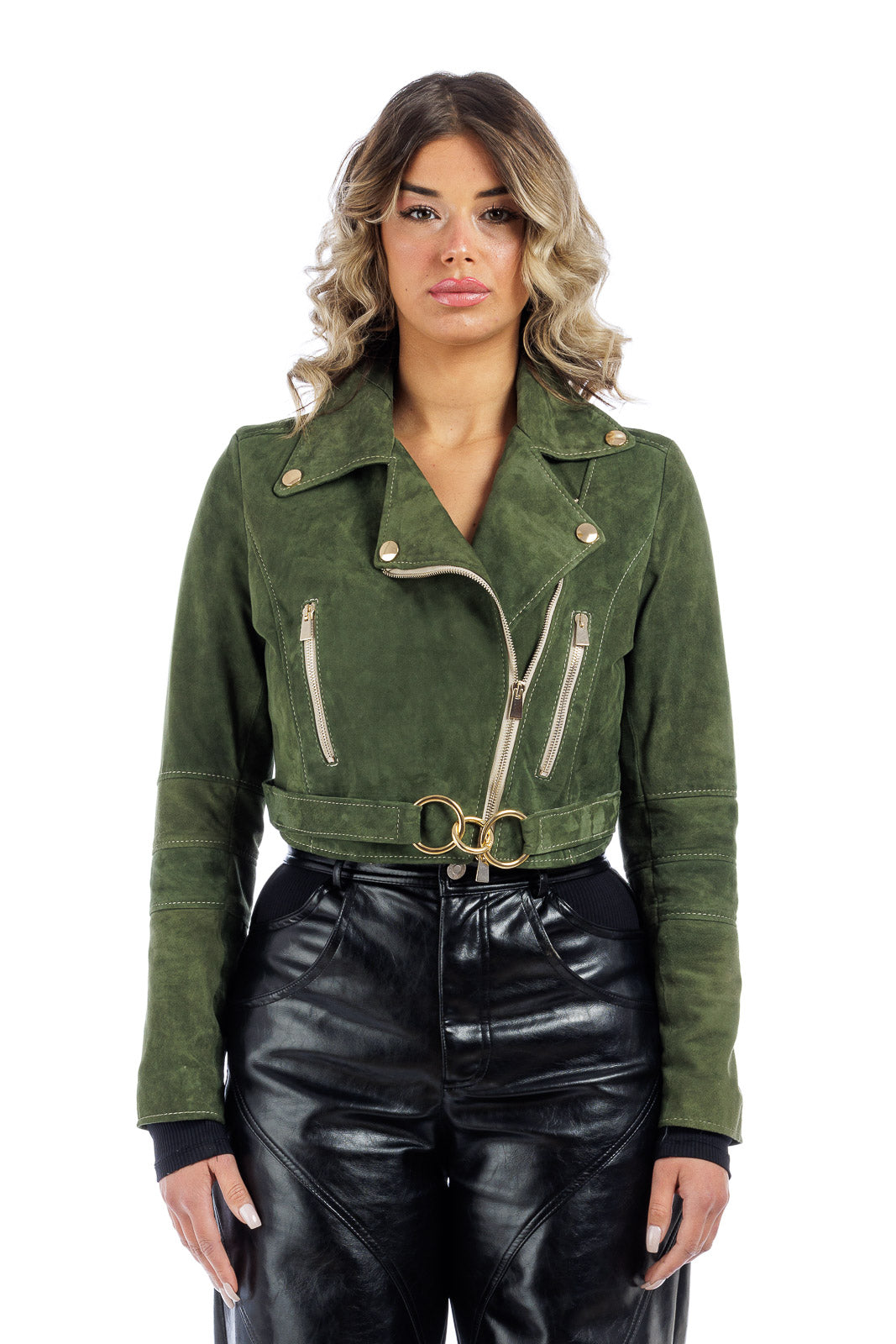 Giacca chiodo in  camoscio di renna donna con zip BELT verde