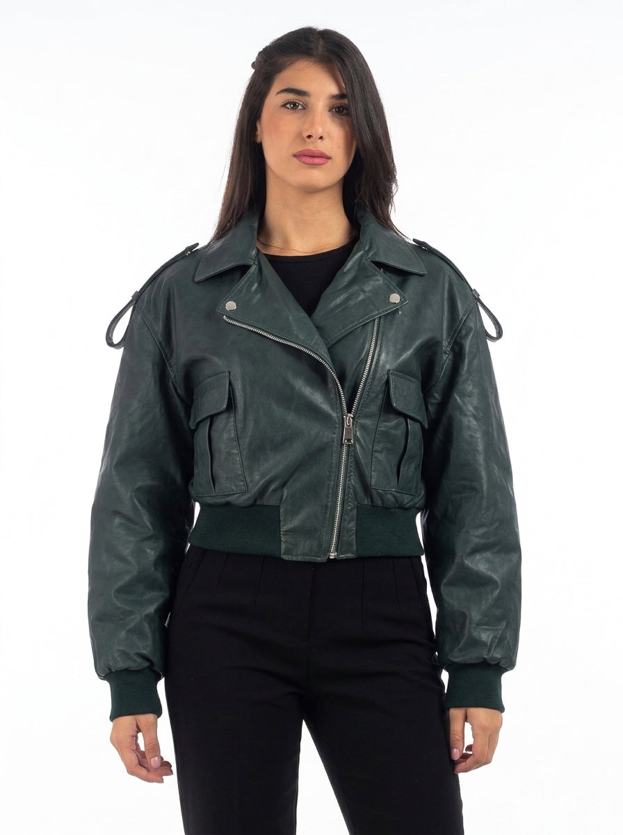 Giacca in pelle donna con zip chiodo OVER BUS verde