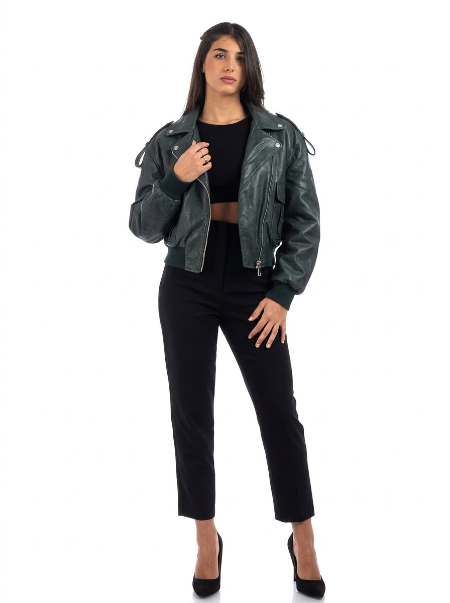 Giacca in pelle donna con zip chiodo OVER BUS verde