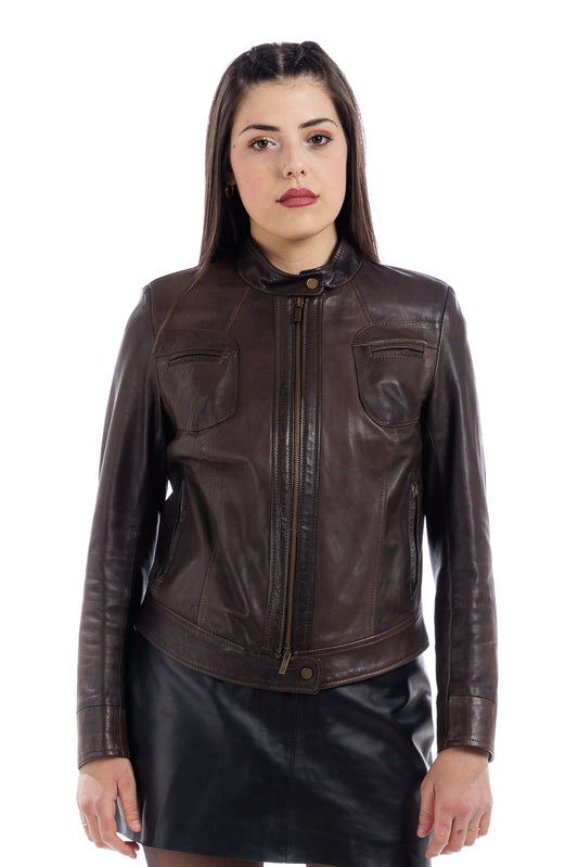 Giacca in pelle donna con zip SKY testa di moro