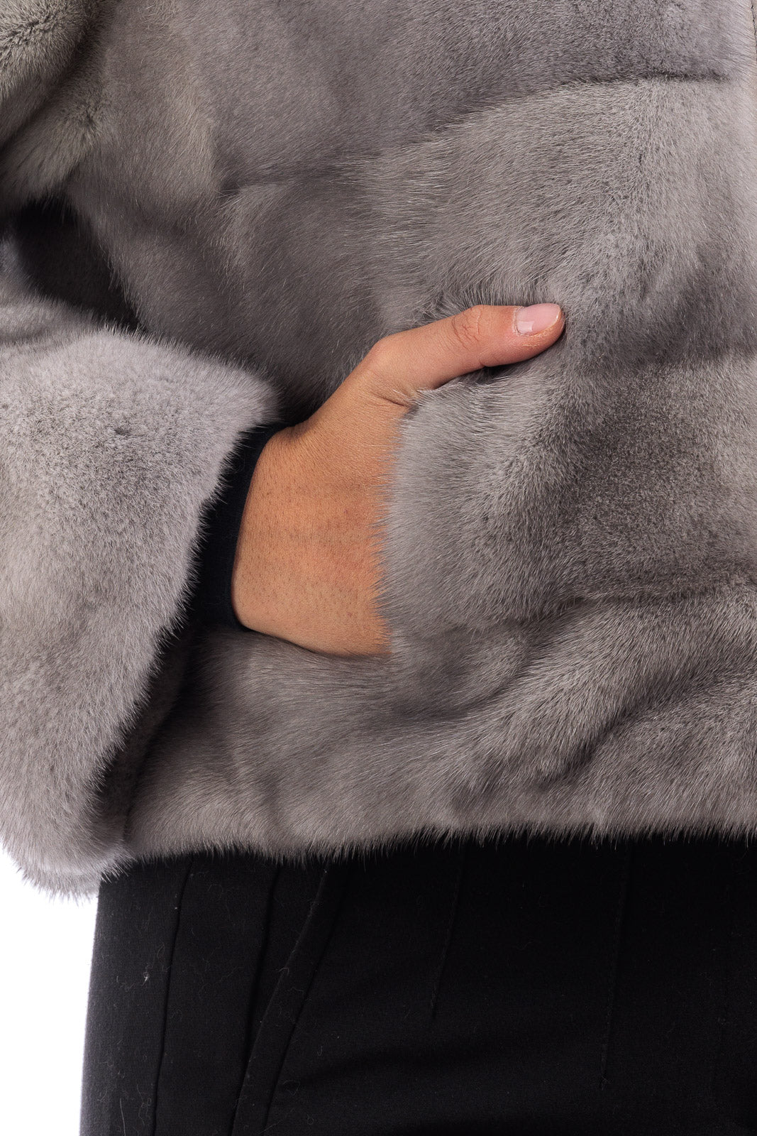 Giacca in pelliccia di Visone sapphire grigio perla corta con cappuccio