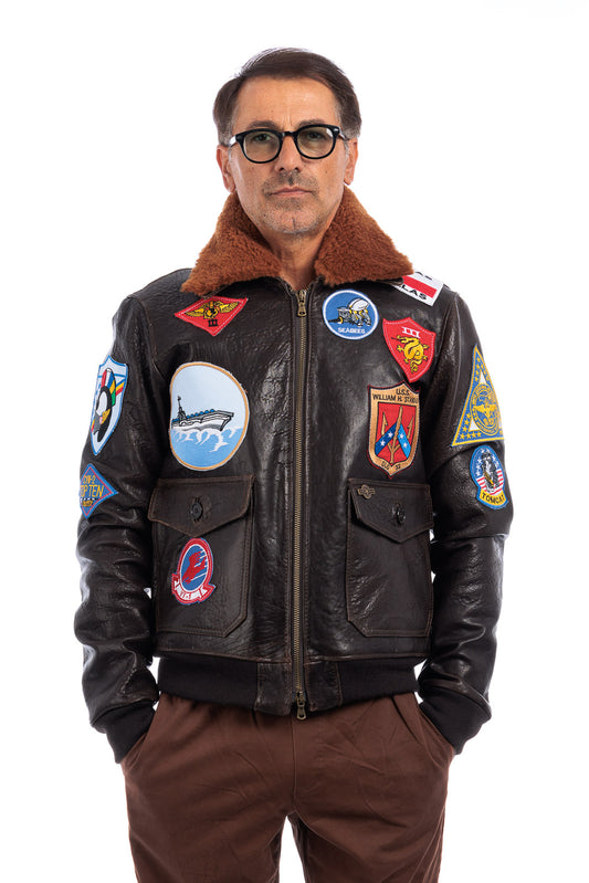 Giacca in vera pelle con zip uomo con toppe e collo in montone TOP GUN