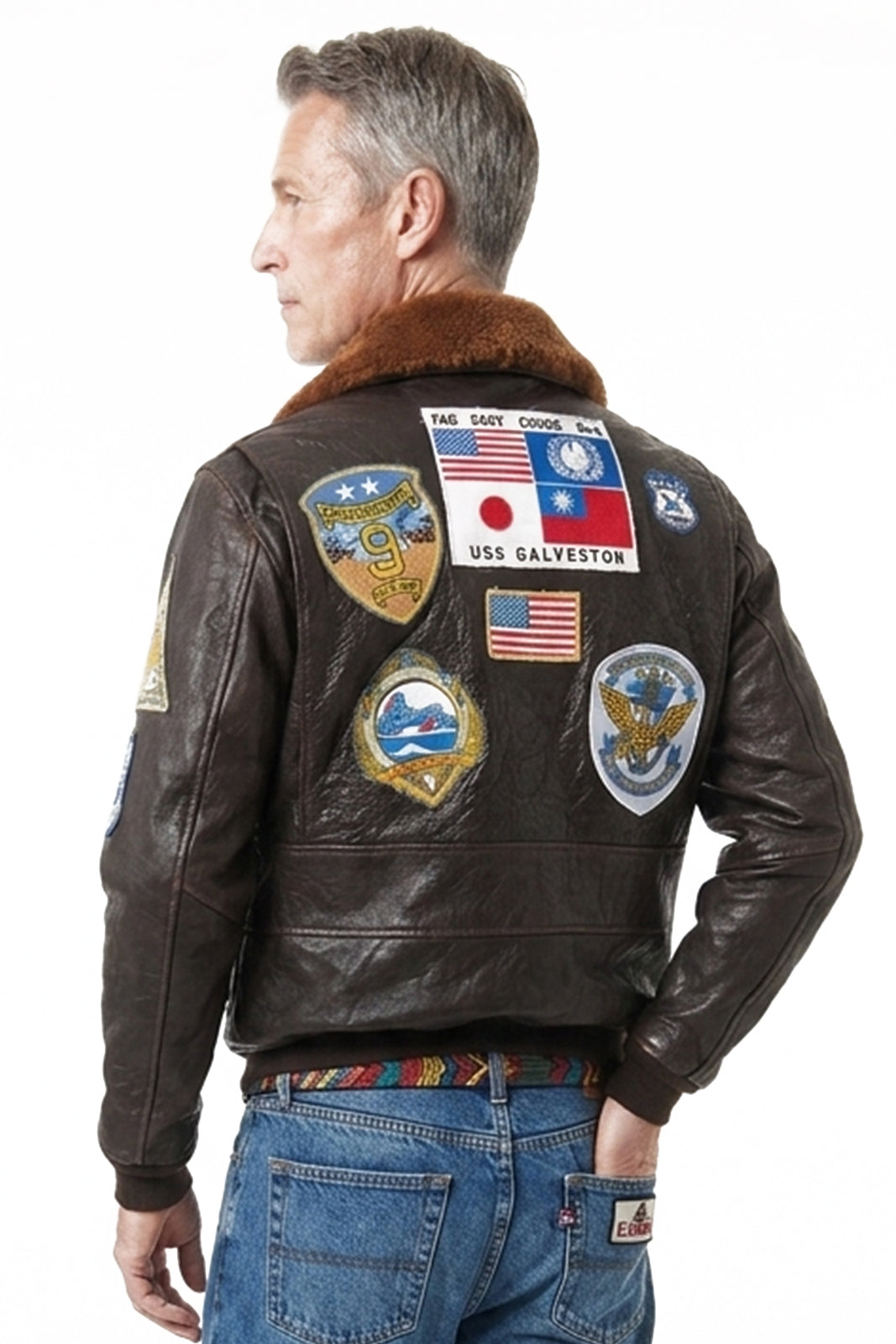 Giacca in vera pelle con zip uomo con toppe e collo in montone TOP GUN