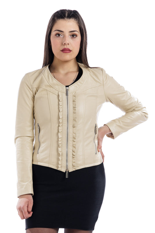 Giacca in vera pelle donna con zip e rush GATE panna