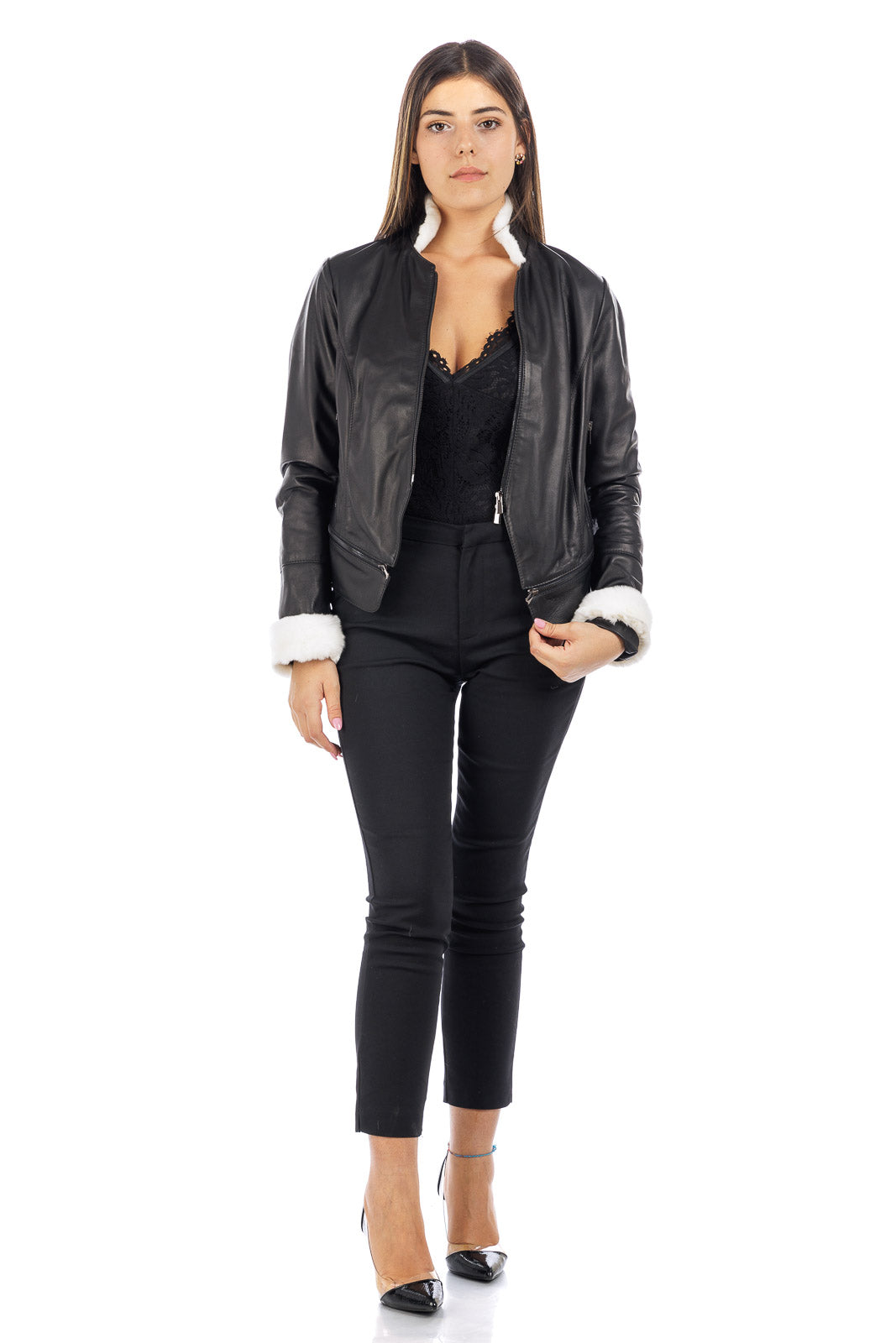 Giacca in vera pelle donna STAK con collo e polso in rex bianco