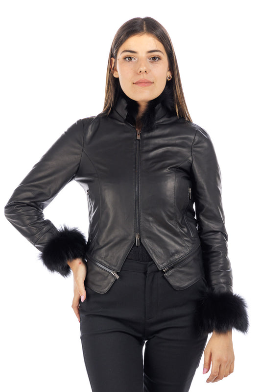Giacca in vera pelle donna STAK con collo e polso in volpe nera