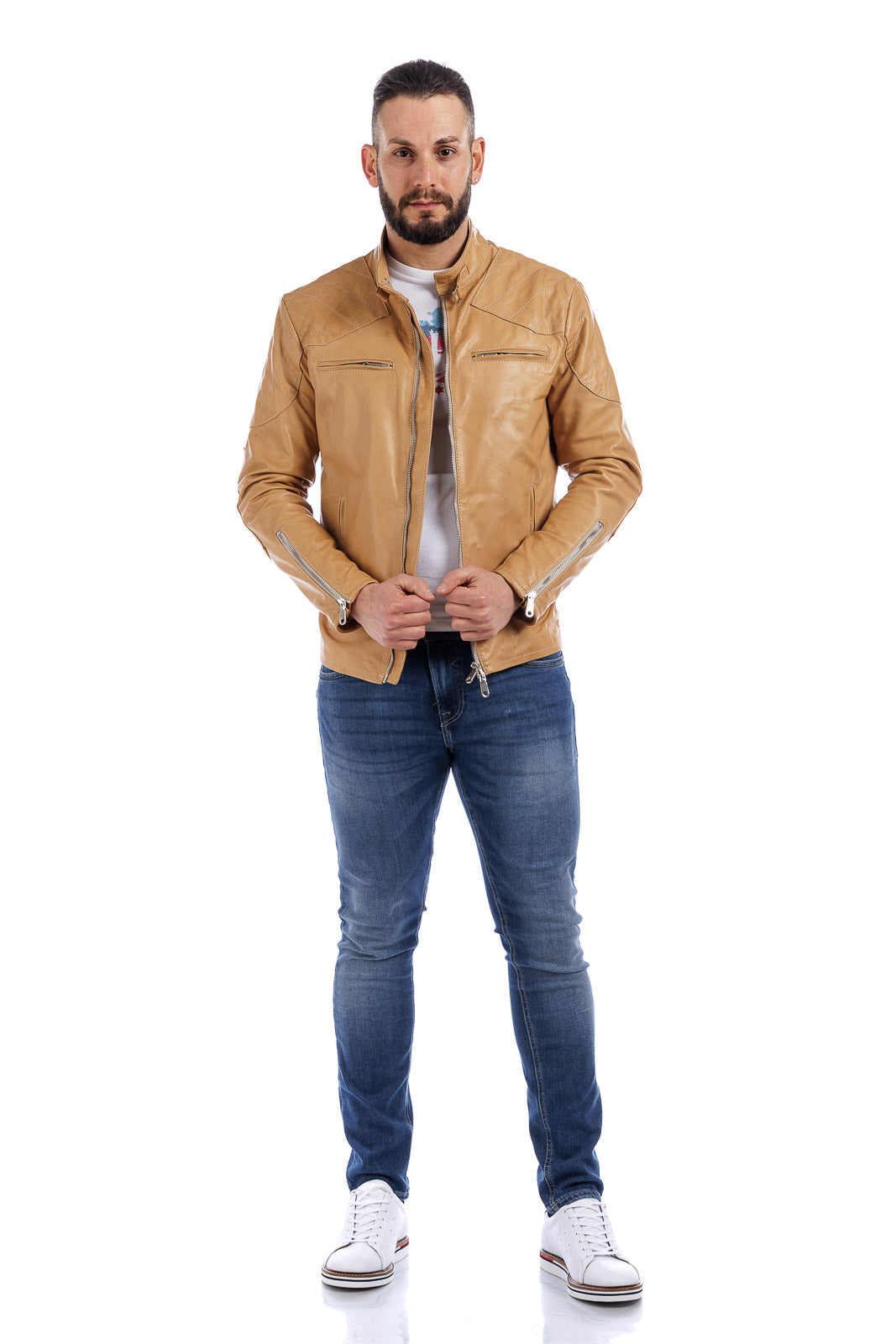 Giacca in vera pelle uomo con zip BEK sabbia