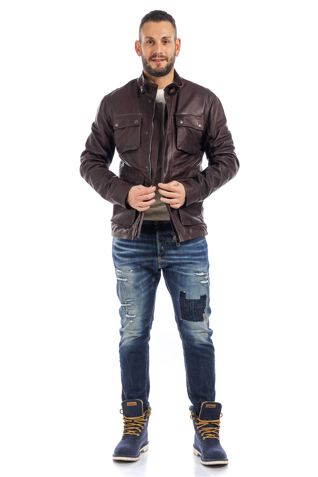 Giacca in vera pelle uomo con zip Bel sc marrone vinaccia