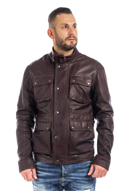 Giacca in vera pelle uomo con zip Bel sc marrone vinaccia