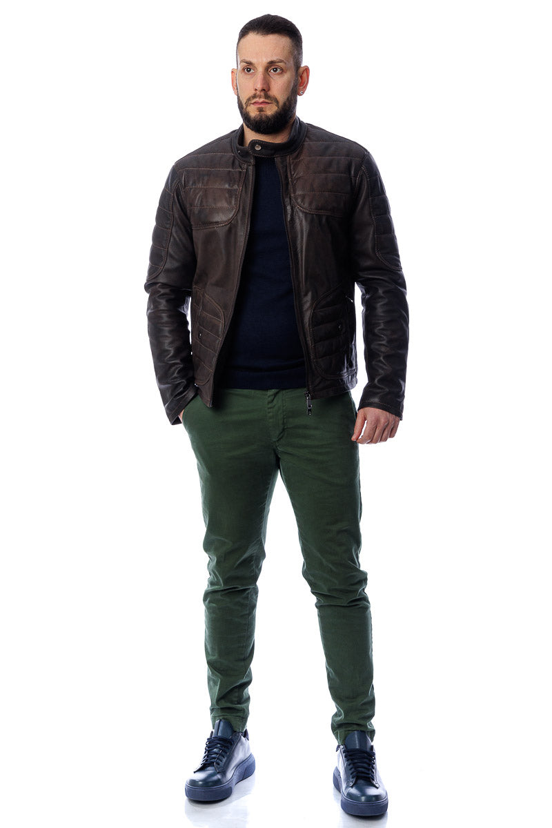 Giacca in vera pelle uomo con zip Piuma testa di moro