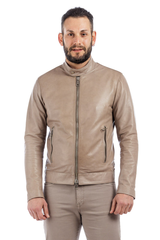 Giacca in vera pelle uomo con zip Reese sabbia