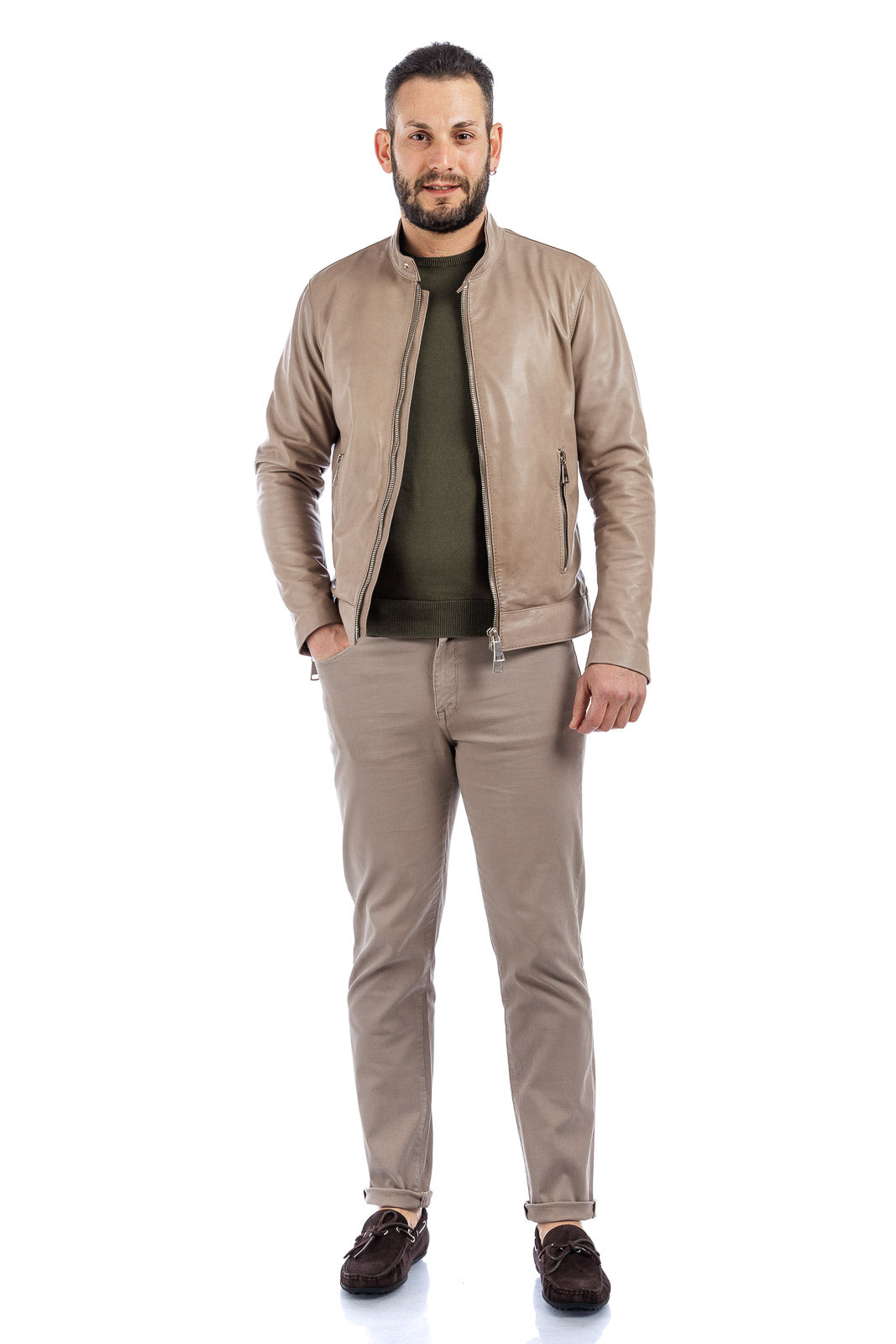Giacca in vera pelle uomo con zip Reese sabbia