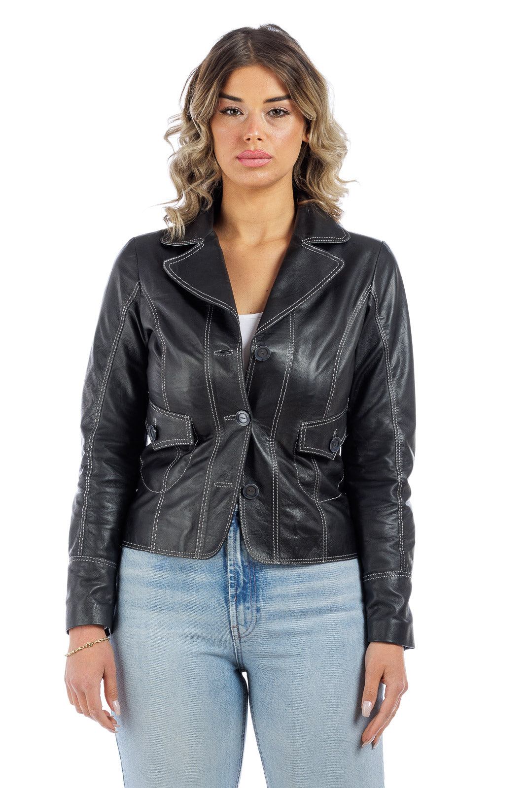 Giacca tre bottoni in pelle donna nero