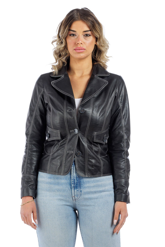 Giacca tre bottoni in pelle donna nero