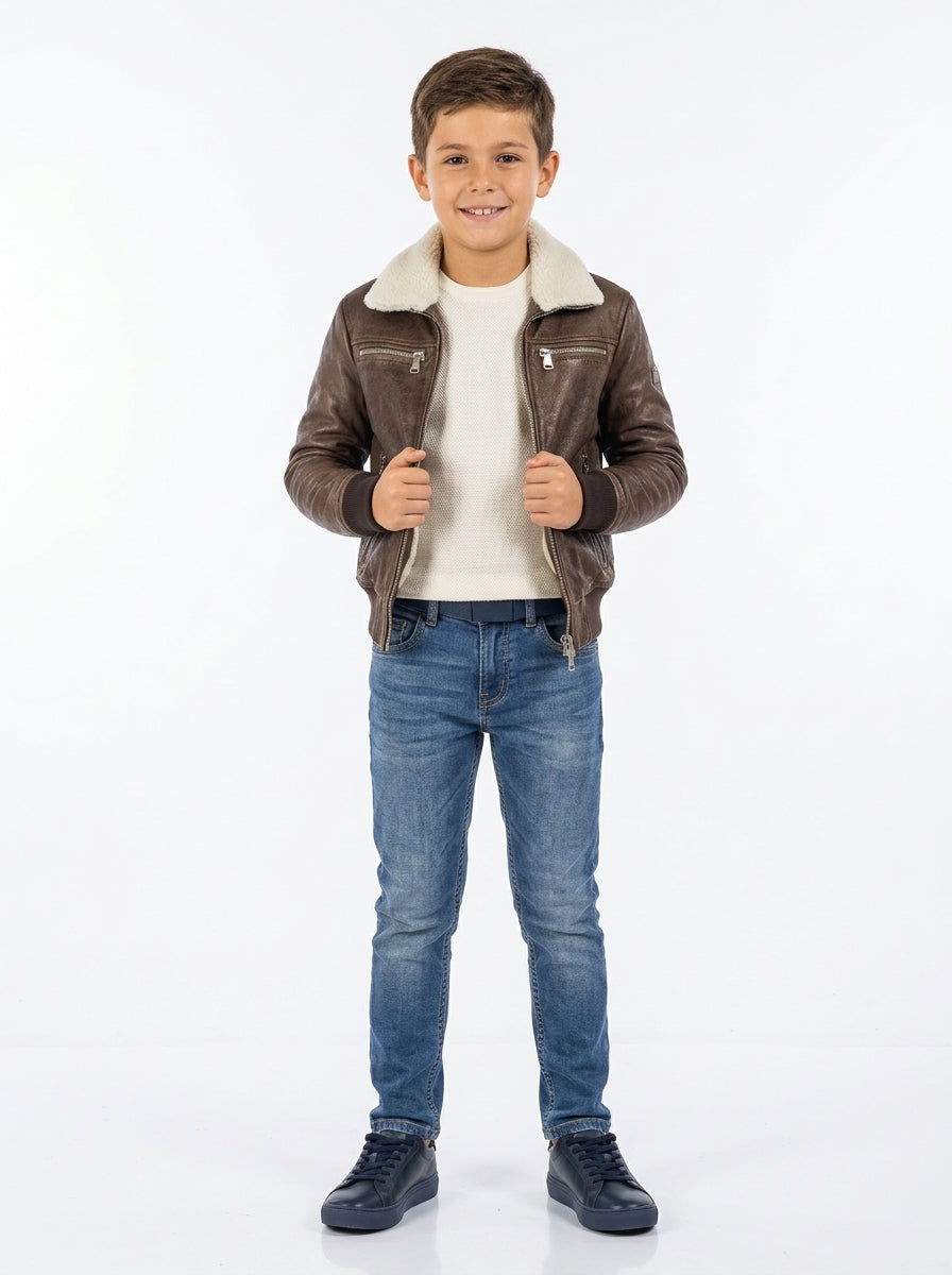 Bomber montone shearling marrone pelo bianco bambino