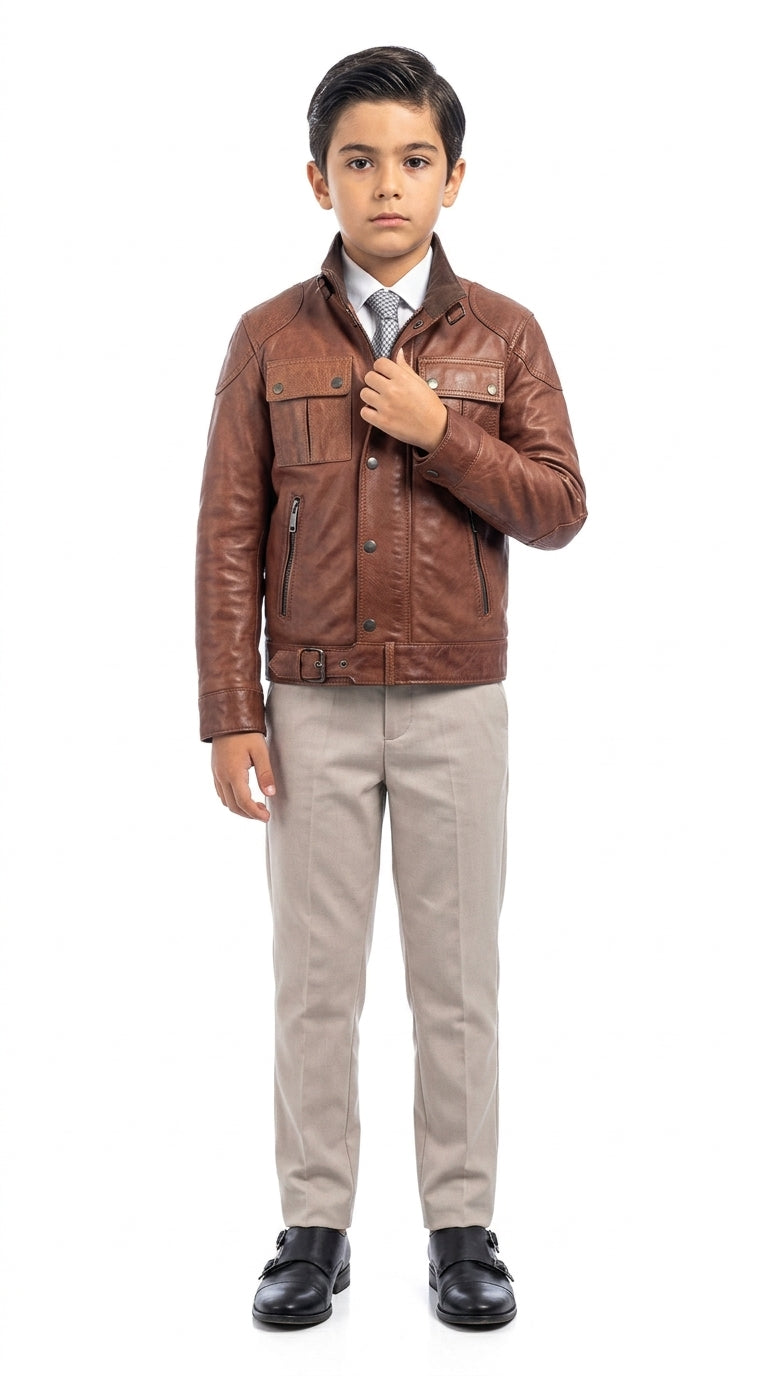 Giacca in vera pelle con zip BELL marrone bambino