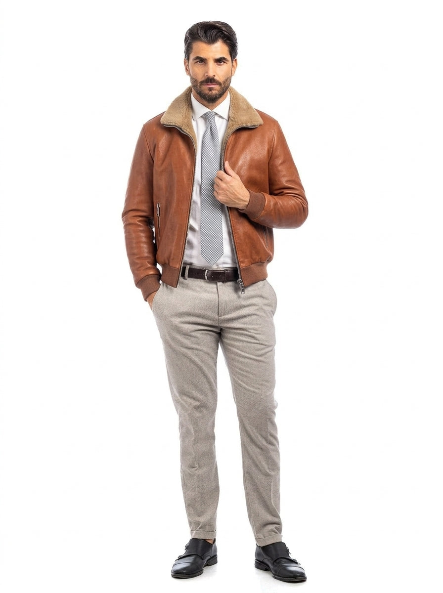 Bomber montone vegetale cuoio pelo beige uomo