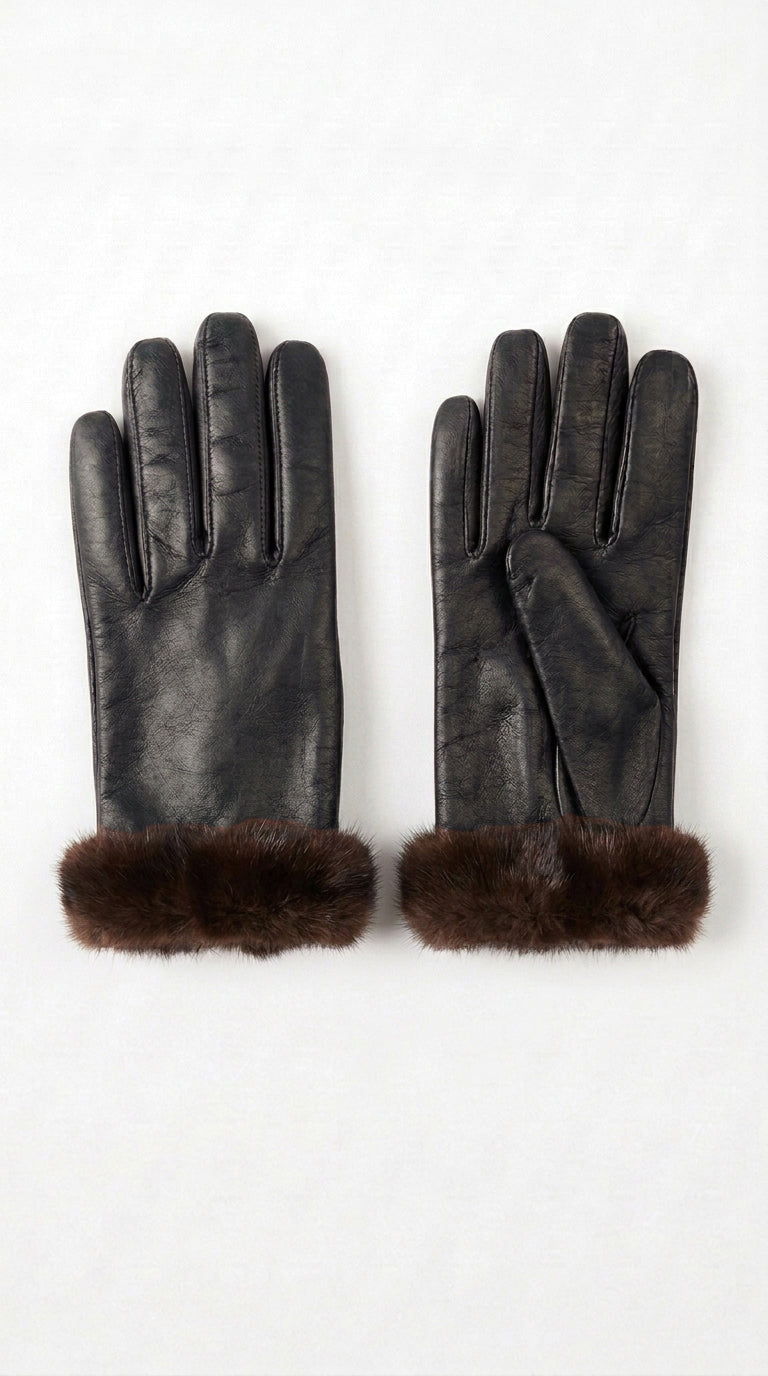 Guanto in vera pelle da donna nero foderato in cashmire bordato in visone demy buff