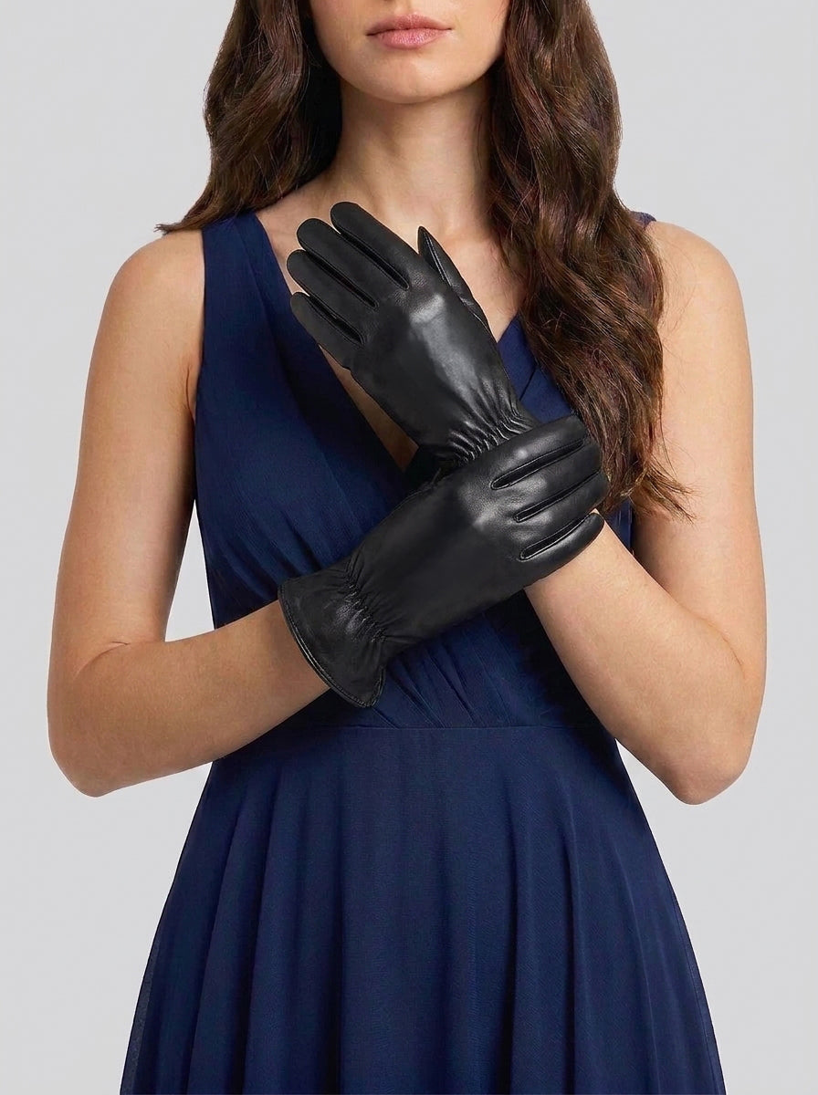 Guanto in vera pelle da donna blu navy foderato in cashmire