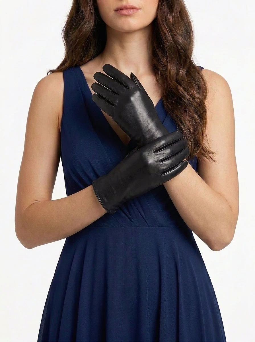 Guanto in vera pelle da donna nero foderato in lapin rosso
