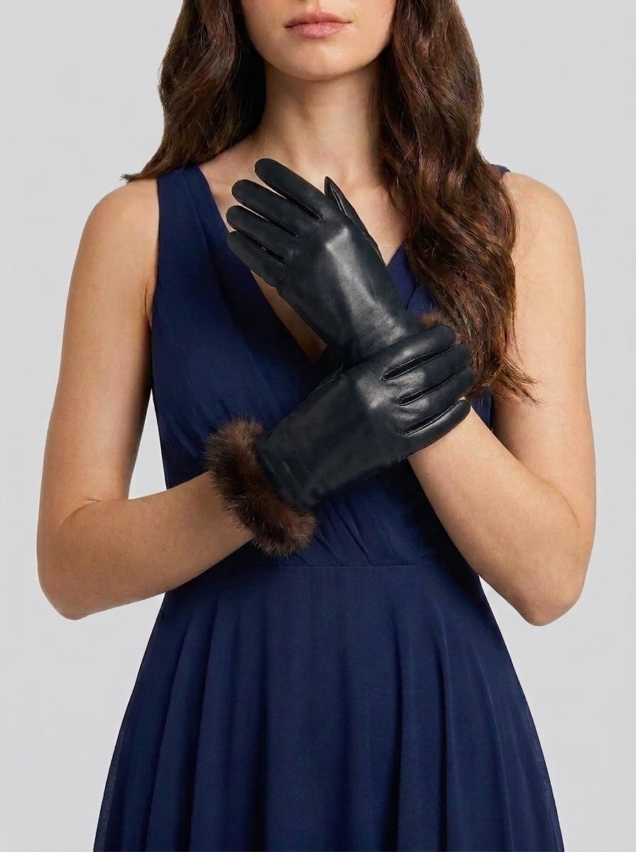 Guanto in vera pelle da donna nero foderato in cashmire bordato in visone demy buff