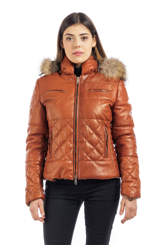 Piumino arancio in pelle con cappuccio staccabile