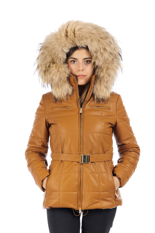 Piumino miele in pelle con cappuccio bordato in murmasky